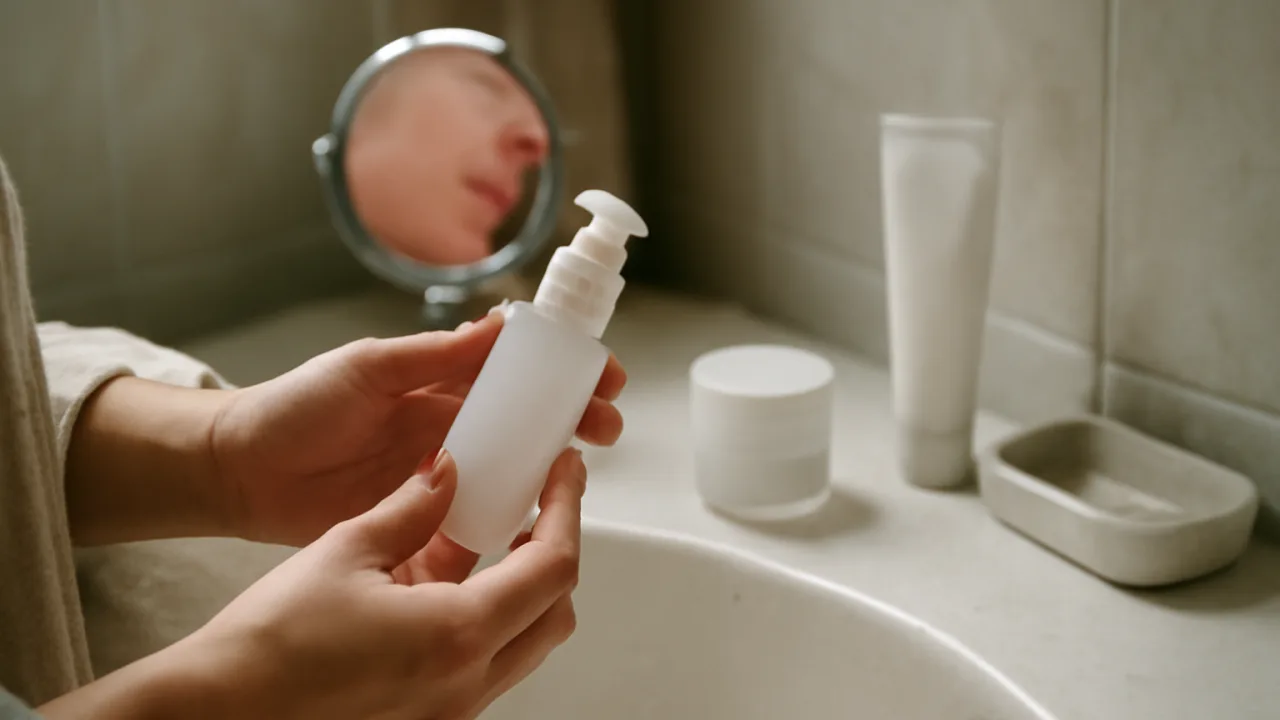 Banyo tezgâhında bir kişinin elleri, yüz temizleme ürünlerini ve aynayı kontrol ederken çekilmiş, günlük hayata yakın ve metinsiz gerçekçi bir fotoğraf.